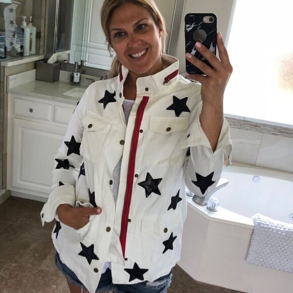 White Jean Jacket with Black Sequin Stars NEW - Never Worn - XS Oversized Jacket - Picture 1 of 7